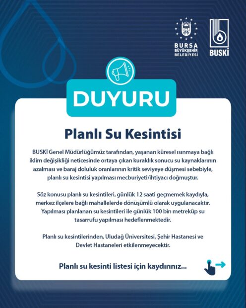 Bursa’daki planlı su kesintilerine güncelleme